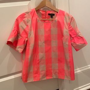 J Crew Neon Buffalo Check Shirt with Ruffle Sleeves